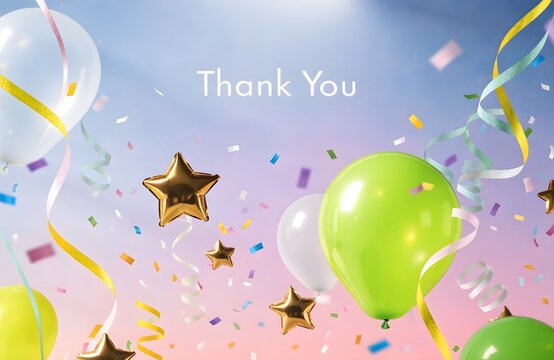 Colorful Thank You Celebration Background with Balloons Confetti and Stars