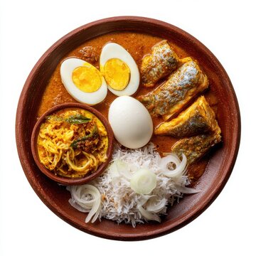 lunch menu with string hoppers fish curry coconut isolated on a white background