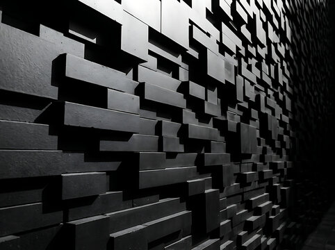 Abstract dark wall background with threedimensional rectangular blocks of varying depths and sizes, creating a modern geometric texture