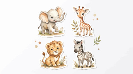 Obraz premium Watercolor safari baby animals sticker set, cute jungle animal illustrations, 4 nursery vector graphics of lion elephant giraffe zebra