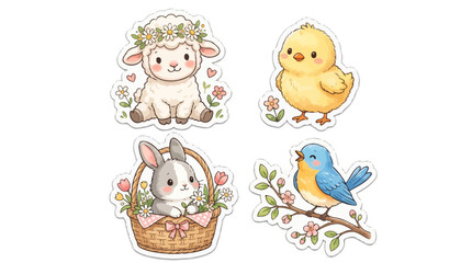 Obraz premium Cute Easter animal stickers set, adorable baby lamb and bunny in basket, 4 spring farm animal vector illustrations for kids