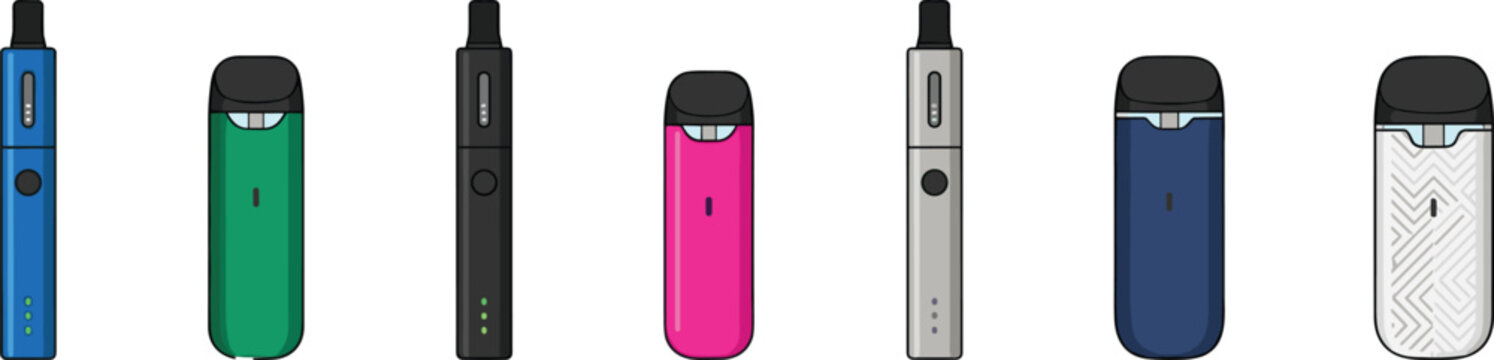 Colorful Electronic Vape Pod Device Collection with Modern Portable E Cigarette Vaporizers in Different Shapes and Styles Vector Illustration