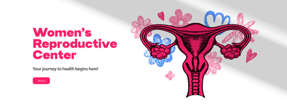 Trendy collage with sketch uterus with doodle flowers. Care of female health, fertility, reproductive system. Gynecological design poster for woman. Hand drawn vector illustration