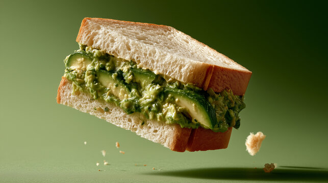 Japanese avocado sando sandwich floating, lime green background 3D render &mdash; perfect for Japanese food branding, healthy sandwich marketing, and vibrant menu design