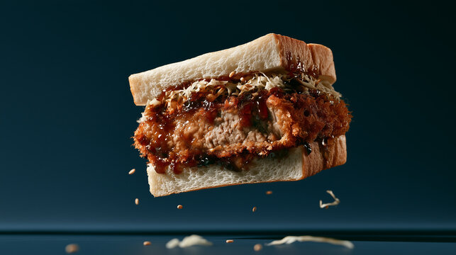 Japanese crispy beef katsu sando sandwich floating, deep navy background 3D render &mdash; perfect for Japanese food branding, gourmet sandwich marketing, and bold menu design