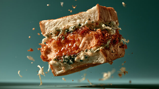 Japanese crispy salmon katsu sando sandwich floating, deep turquoise background 3D render &mdash; perfect for Japanese food branding, seafood sandwich marketing, and bold menu design