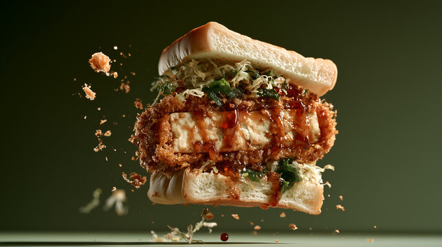 Japanese crispy tofu katsu sando sandwich floating, deep olive background 3D render &mdash; perfect for vegan food branding, plant-based sandwich marketing, and Japanese menu design