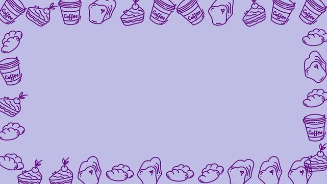 Seamless Hand Drawn Coffee and Bakery Border Frame Pattern Animation with Copy Space in Purple Tones