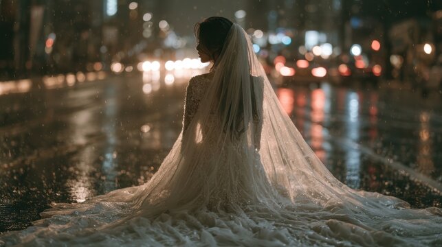 Sad beautiful Young bride sitting on street in wedding day,crying with tears eyes suffering from emotional break up relationship in rainy day,bad day with Female received bad news.