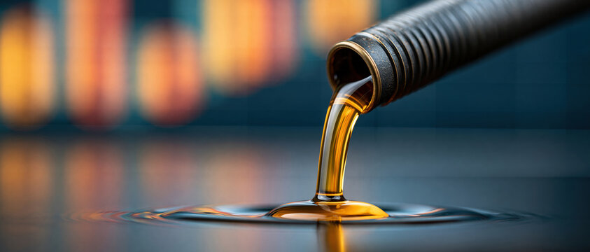 Power of the petroleum industry captured in cinematic detail golden crude oil streams from a metal nozzle, pooling on a reflective surface with bokeh price chart backdrop. Ideal for energy.