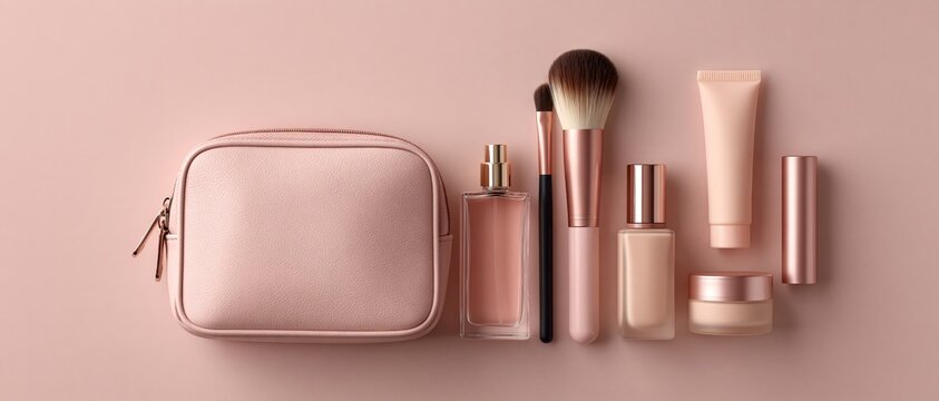 Curated selfcare routine captured in a blush pink flat lay. Leather cosmetic pouch alongside brushes, foundation, perfume, and cream perfect for beauty, lifestyle, and wellness campaigns.