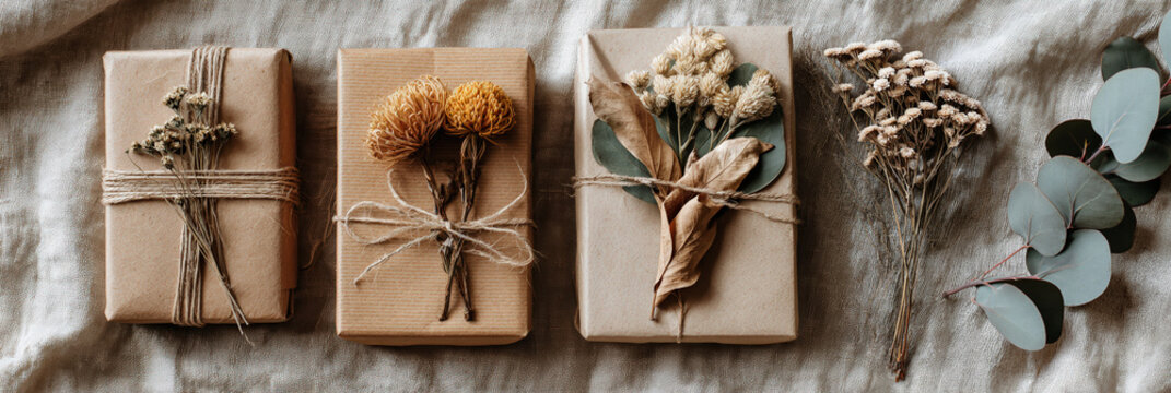 Artisan gift giving reimagined sustainably. Three kraft paper parcels tied with twine, adorned with dried botanicals and eucalyptus on linen ideal for wedding, holiday, or mindful lifestyle.