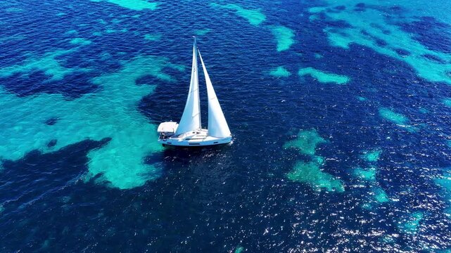 Aerial view of sailboat in the deep blue sea in Sardinia, Italy