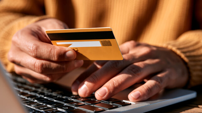 Shopper using credit card and laptop for online shopping during seasonal sales