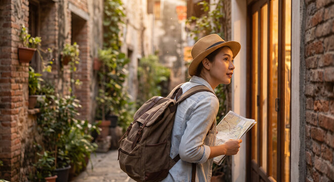 Young Asian woman backpacker exploring historic narrow street alley holding city map during travel vacation