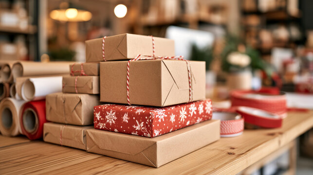 Christmas gift wrapping station with kraft packages and festive paper rolls indoors