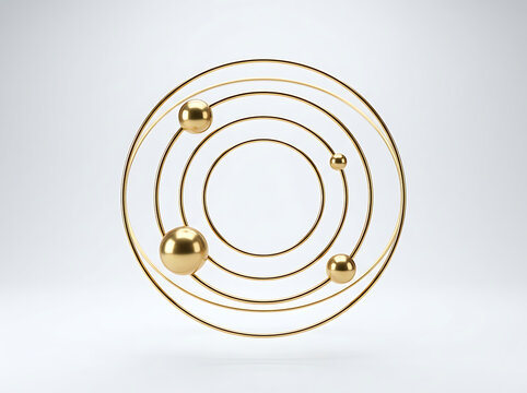 Abstract gold rings and spheres on a white background