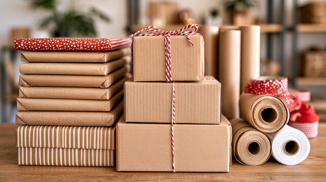 Christmas packaging supplies with wrapped parcels kraft paper rolls and festive ribbons