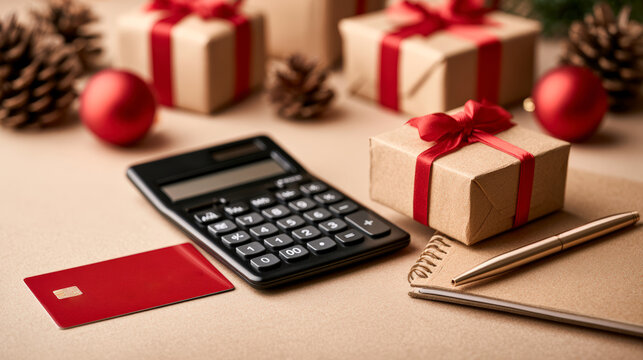 Christmas shopping expenses calculated with credit card gifts calculator and notebook budgeting