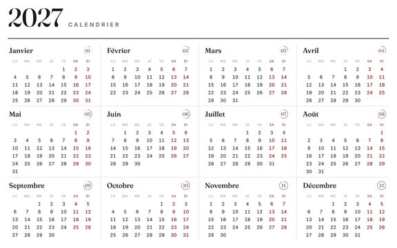 Modern 2027 French France annual calendar calendrier design png