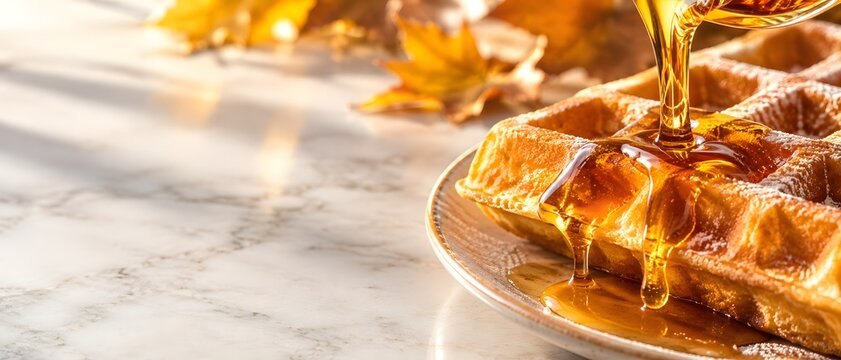 Macro close up of pouring sweet maple syrup on crispy Belgian waffles with powder sugar on white marble table, premium autumn breakfast food styling with large copy space