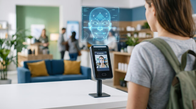 Biometric face scanner identity access control touchless security office lobby. Futuristic digital facial recognition system. identification verification id access, security protection