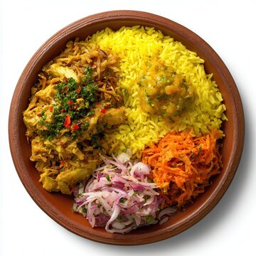 lunch menu with yellow rice chicken curry isolated on a white background