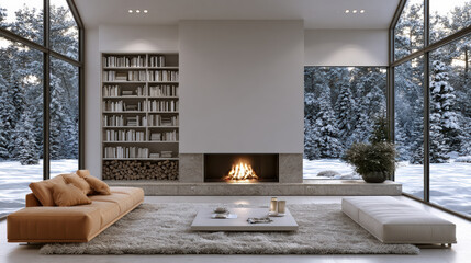 Naklejka premium Cozy modern living room with large windows, fireplace, bookshelf, beige sofa, white bench, winter forest view, and soft rug