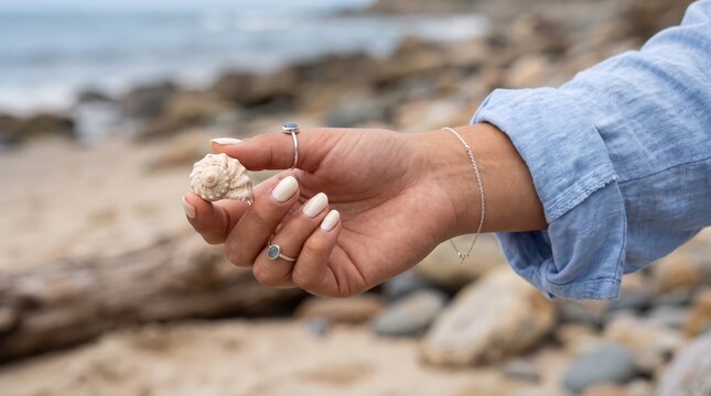 Female hand holding small seashell on rocky beach shoreline, close up of rings and bracelet with casual shirt sleeve and coastal background