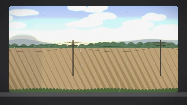 Countryside power lines with raindrops in motion. 2d animation