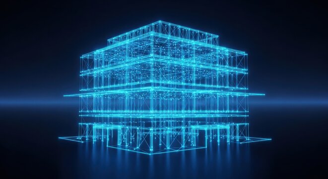 Blue digital wireframe model of a modern building on dark background illustration