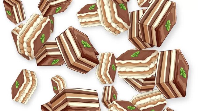 Falling Tiramisu Cake Slices Animation on White Background