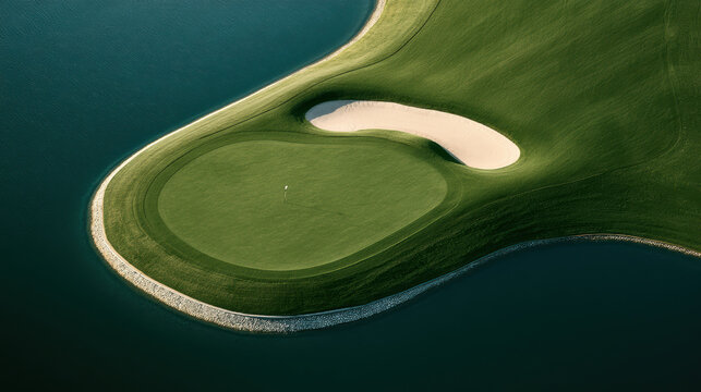 Aerial view golf course green sand bunker water hazard manicured grass serene landscape top down outdoor summer sport