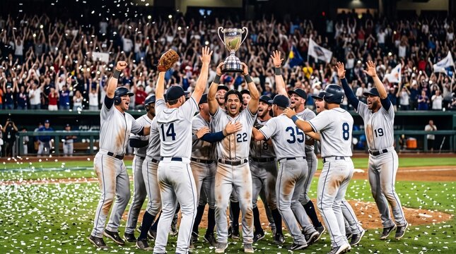 Triumphant baseball team holding championship trophy surrounded by falling confetti after victory
