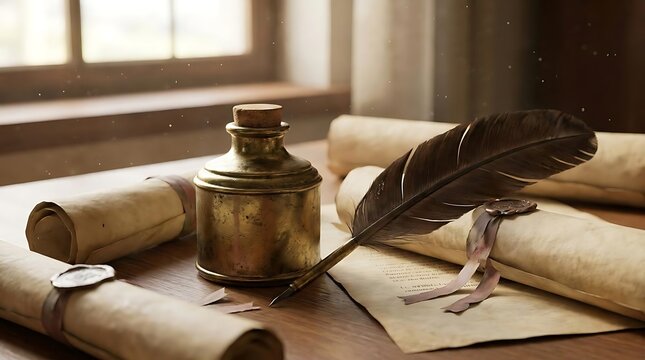 Antique quill and inkwell on old paper scrolls.
