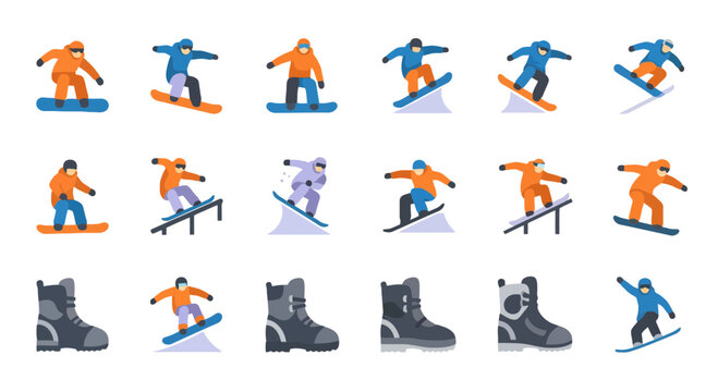 Collection of flat icons representing snowboarders performing tricks and snowboarding boots.