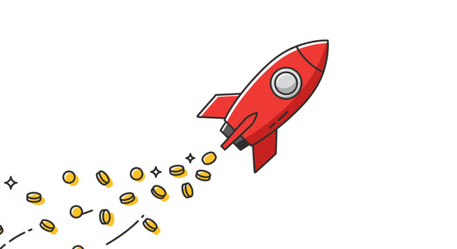 Cartoon illustration of a red rocket launching into the sky, leaving a trail of golden coins, symbolizing rapid financial growth and investment success.