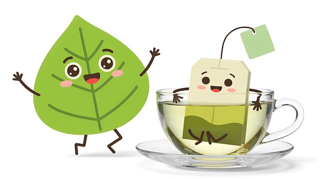 Cute green leaf character walking beside a smiling tea bag in a glass cup of green tea