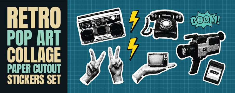 Retro pop art collage paper cutout stickers set with vintage boombox, rotary phone, camcorder, tiny television, peace signs, and comic-style lightning bolts