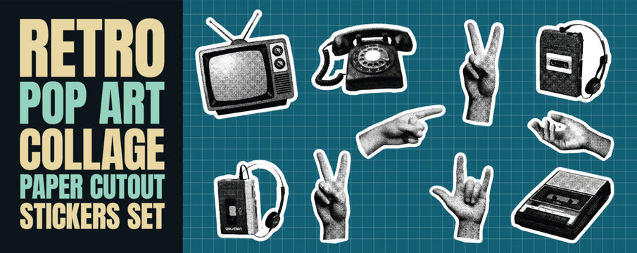 Retro pop art collage paper cutout stickers set with vintage television, rotary phone, walkman, cassette player, and various hand gestures like peace and pointing