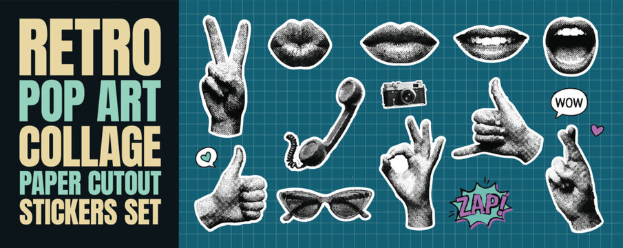 Retro pop art collage paper cutout stickers elements set with vintage comic elements like lips hands phone glasses and speech bubbles in a playful dotted halftone style for graphic