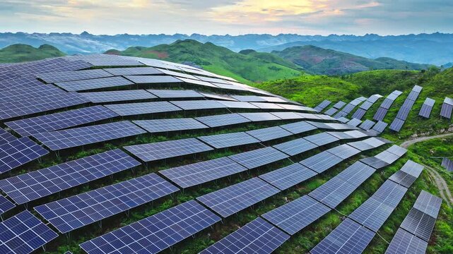 Aerial drone view of a large-scale solar farm built on rolling green hills for renewable energy in Guizhou, China.