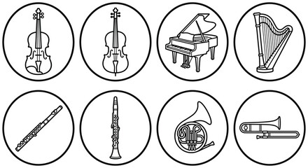 Orchestral Instruments Icons Set: Violin, Cello, Piano, Harp, Flute, Clarinet, Horn, Trombone © nur