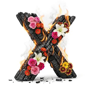 Burning Floral X Symbol Made of Charred Wood with Pink Roses White Lilies and Orange Gazania