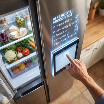 Smart Refrigerator with AI-Generated Grocery List Touchscreen, Overhead shot of a hand tapping a smart refrigerator's touchscreen displaying an AI-generated grocery list, fresh produce visible inside