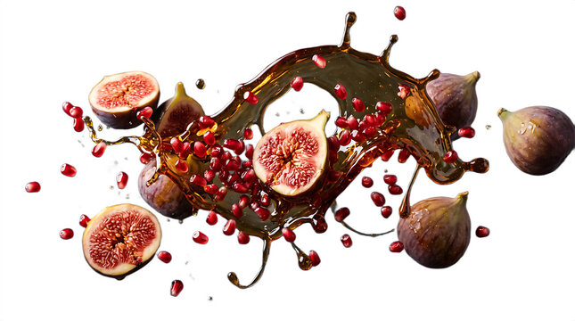 Fresh fig and pomegranate splash on white background, dynamic fruit juice explosion, organic food ingredients for healthy beverage design