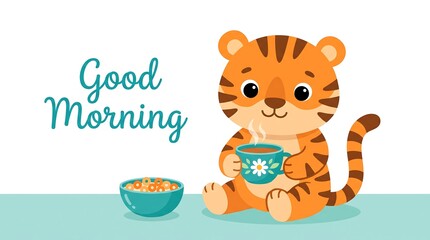 Fototapeta premium Cute cartoon tiger cub drinking coffee and eating cereal for good morning
