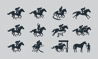 Naklejka premium Horse racing and equestrian silhouettes vector set