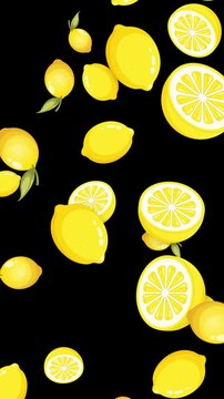 Vertical Animation of Falling Whole and Sliced Lemons on Black Background