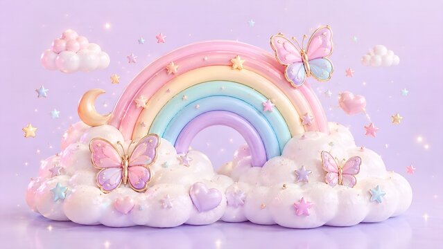 Charming pastel rainbow arc flanked by golden butterfly wings and fluffy clouds
